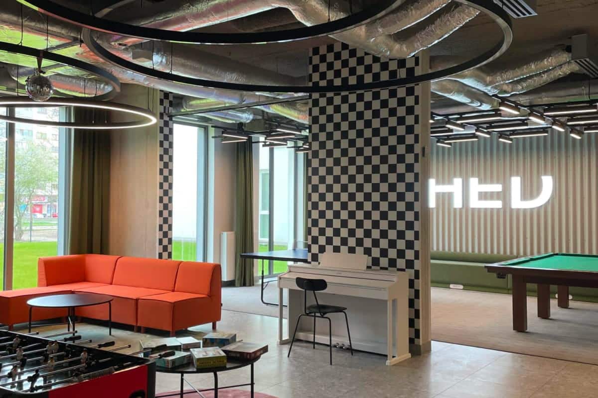 A shared social area at Shed Campus Living in Mokotów, Warsaw.